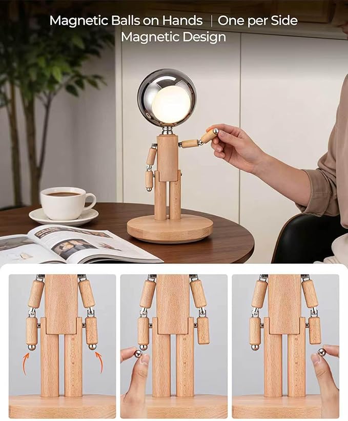 Rechargeable Cordless Desk Lamp, Creative Wooden Table Lamp with 3 Color &Stepless Dimming, Adjustable Pause Moon Lamp, Unique Decorative Desk Lamp for Bedroom, Nightstand, Office & Gift, Beech Wood