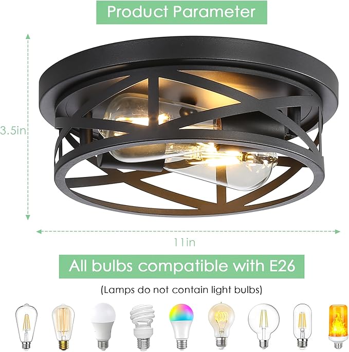 Black Flush Mount Ceiling Light 2-Pack, Industrial Metal Cage Semi Flush Mount Light Fixtures, 11 Inch Farmhouse Close to Ceiling Light for Hallway Kitchen Bedroom Entryway
