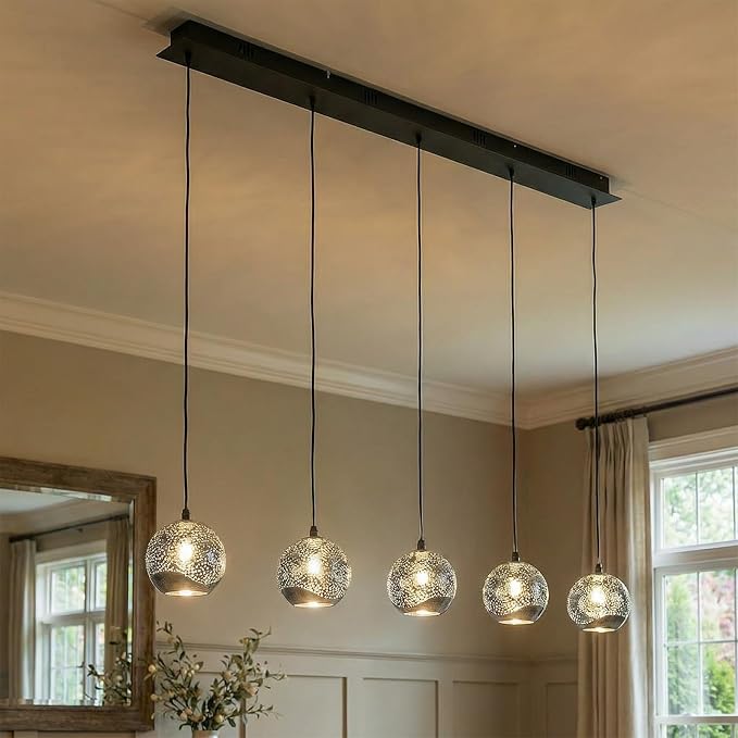 37.8" LED Linear Pendant Light Fixtures, 5-Light Black Linear Chandelier with Bubble Glass Globes, LED 3000K Warm White, Modern Island Lights for Kitchen Living Room Ceiling Hanging, Hardwired