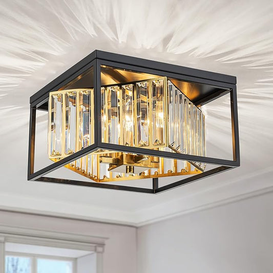 LumFurn 4-Lights Crystal Ceiling Light, 2-Tier Square Flushmount Light Fixture for Living Room, Foyer, Bedroom, L12 x W12 x H7, Brass & Gold Finish