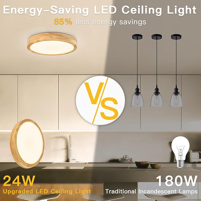 Modern Flush Mount Ceiling Light, LED Ceiling Light for Bedroom, Wood Light Fixture Warm White 3000K Not Dimmable, Round Flat Ceiling Lamp for Hallway, Kid's Room, Living Room, (Wood, 11.8")