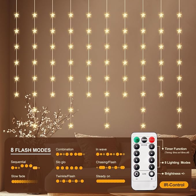 Star Curtain Lights, Warm White Window Lights 70 Stars Hanging Light with Remote Fairy Led Twinkle String Lights Home Bedroom Wall Ceiling Décor for Christmas, Wedding, Party, Birthday
