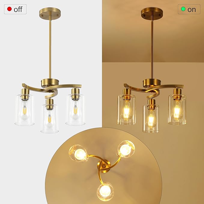 3 Light Brushed Gold Chandelier for Dining Room, Modern Kitchen Island Light Fixtures Over Table, Metal Hanging Pendant Lighting with Clear Glass Shade, Farmhouse Industrial Gold Finish