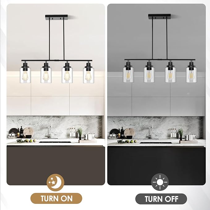 Dining Room Light Fixture, 4-Light Industrial Black Chandeliers for Dining Room, Height-Adjustable Dining Room Light Fixtures Over Table, Dining Room Chandelier Clear Glass Shade for Kitchen Island