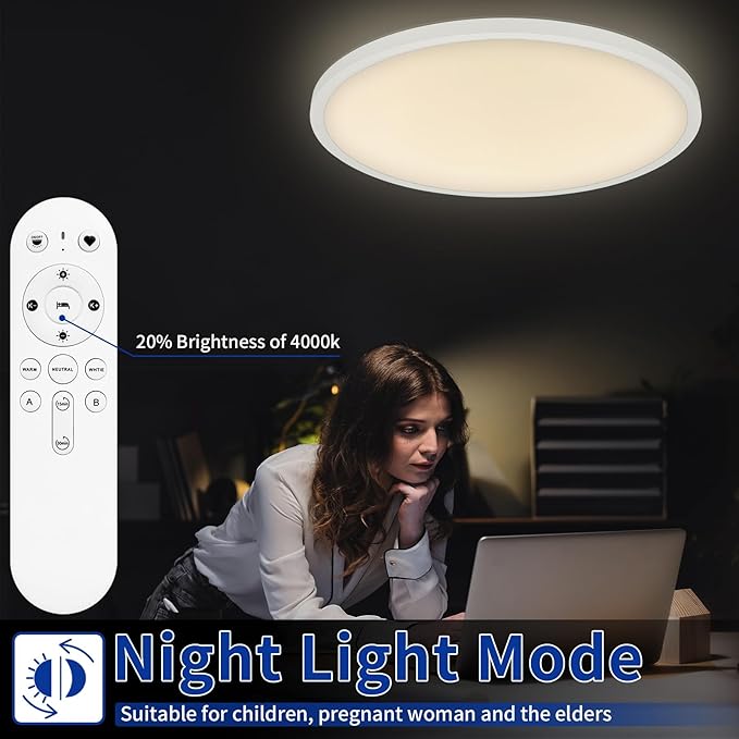 20 Inch Large Flush Mount Ceiling Light Fixture, Dimmable with Remote Control, White, Ultra Thin, 48W 4800Lumen, for Bedroom, Living Room, Kitchen, Dining Room, Home Office