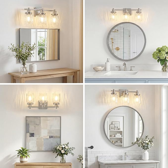 3 Lights Bathroom Light Fixtures Farmhouse Brushed Nickel Vanity Lights for Bathroom Lighting Fixtures Over Mirror with Hammered Glass Lampshade for Cabinet Mirror Bedroom Hallway