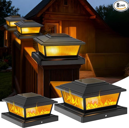 KEILAIMO Solar Post Cap Lights Outdoor for 4x4 5x5 6x6 Wood/Vinyl Posts, 8 Pack Fence Post Solar Lights with Flickering Flame & Warm Modes for Deck/Garden/Patio, IP65 Waterproof - Black