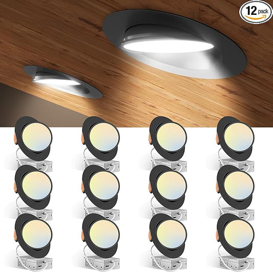 Amico 12 Pack 6 Inch 5CCT Gimbal LED Recessed Lighting, 360°&90°Adjustable Eyeball Directional Downlight, Dimmable, 2700K/3000K/3500K/4000K/5000K Selectable, 12W 1200LM CRI90+, Black, ETL&FCC