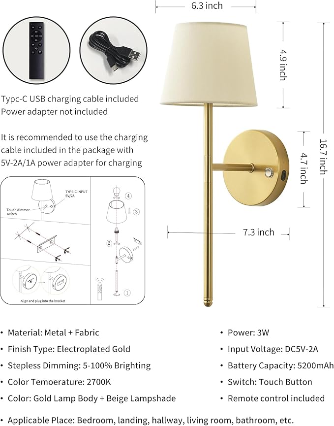 Gold Wall Sconces Set of Two, Small Rechargeable Battery Operated Wall Lamp with Remote, 5200mAh Cordless Wall Lights with Fabric Shade for Bedroom, Bedside, Nursery, Kitchen, Night Light