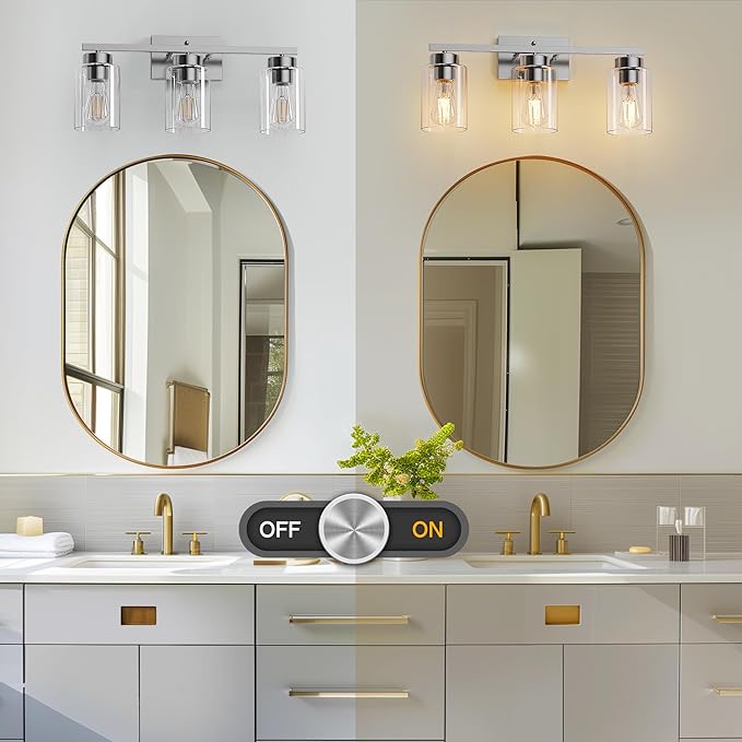 PARTPHONER 3-Light Bathroom Light Fixtures, Brushed Nickel Vanity Light with Clear Glass Shade, Modern Wall Sconce for Mirror Bedroom Living Room Hallway Lighting