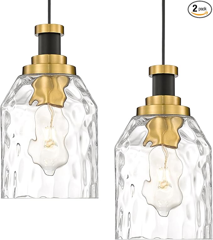 zeyu 2 Pack Modern Kitchen Pendant Lighting Over Island, Hanging Light Fixture for Dining Room, Water Ripple Glass Shade, Black and Gold Finish, ZG33M1L-2L BK+BG-WG
