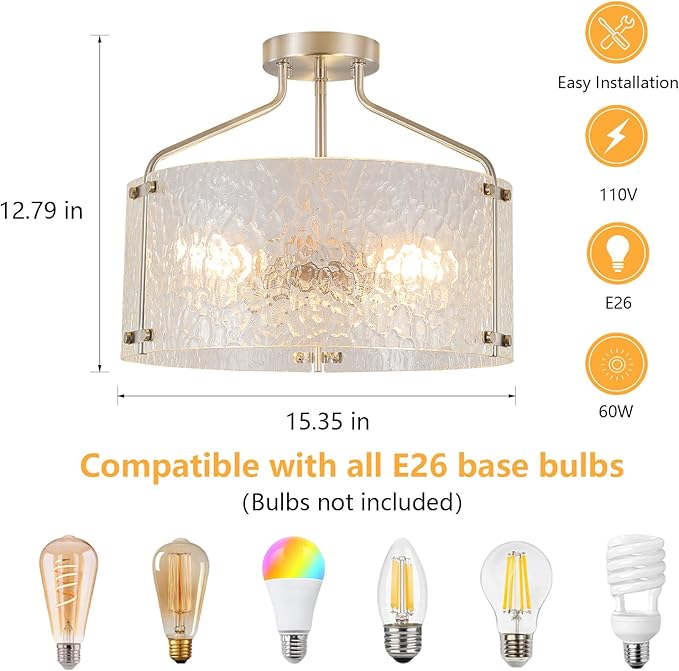 Semi Flush Mount Ceiling Light Fixture Glass Drum Chandelier Entryway Light Fixture 16''Brushed Nickel Flush Mount Ceiling Lights 3-Light Foyer lighting fixtures for Living Room Hallway Bedroom