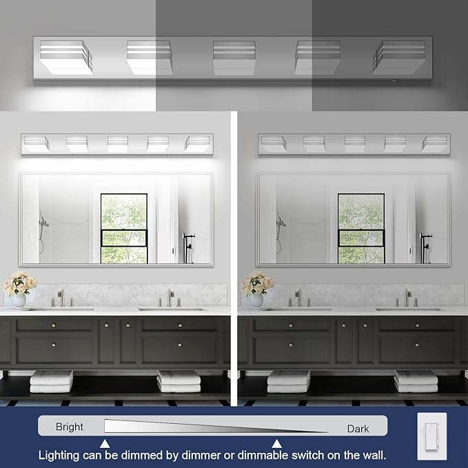 LED Modern Bathroom Vanity Light Fixtures (5-Light, 40-Inch)(5CCT, Dimmable), Chrome Modern Bathroom Wall Lighting Fixtures Over Mirror (3000K/3500K/4000K/5000K/6000K)