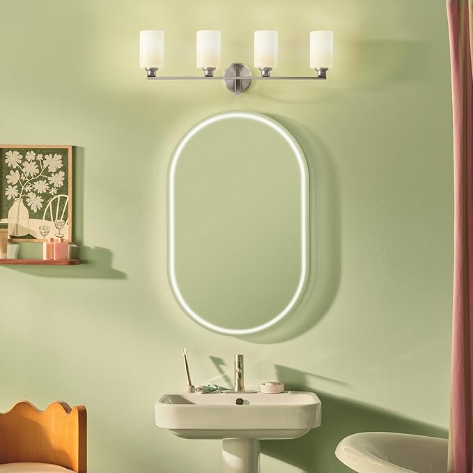 Kichler Gioe 32.25 in 4-Light Bathroom Vanity Light Fixture with Opal Glass in Brushed Nickel, Modern Wall Mount Over Mirror for Powder Room, Damp Rated (32.25 in W x 10.5 in H), 55227NI