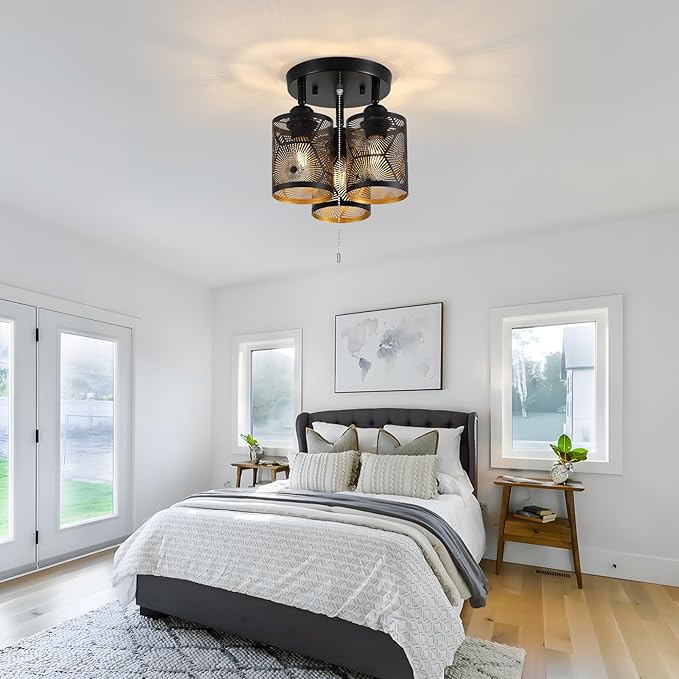 SEEBLEN 3 Light Modern Kitchen Ceiling Light with Pull Chain,Black Round Directional Ceiling Spotlight,Farmhouse Flush Mount Pull String Ceiling Light for Kitchen, Laundry, Bedroom, E26 Base.