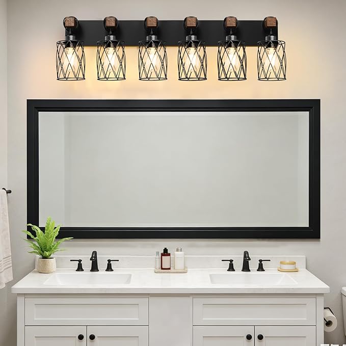 IZORRO Farmhouse Bathroom Vanity Light, 6-Light Wood Bathroom Light Fixtures Over Mirror, Black Industrial Vanity Lights with Metal Shade, Rustic Restroom Lighting Fixtures