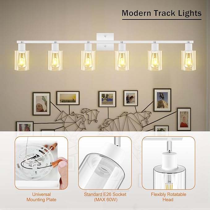 Track Lighting Fixtures Ceiling, 6-Light Track Light with Clear Glass Shade, 45" Modern Kitchen Lighting Ceiling with Rotatable Track Head, White Wall Light for Vanity Hallway Bedroom(E26, No Bulb)
