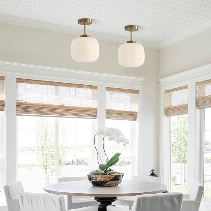 KCO Lighting Ribbed Milk Glass Flush Mount Light Gold and White Ceiling Lights Brass Kitchen Lighting Fixtures Small Globe Semi Flush Mount Ceiling Light for Hallway Stairway
