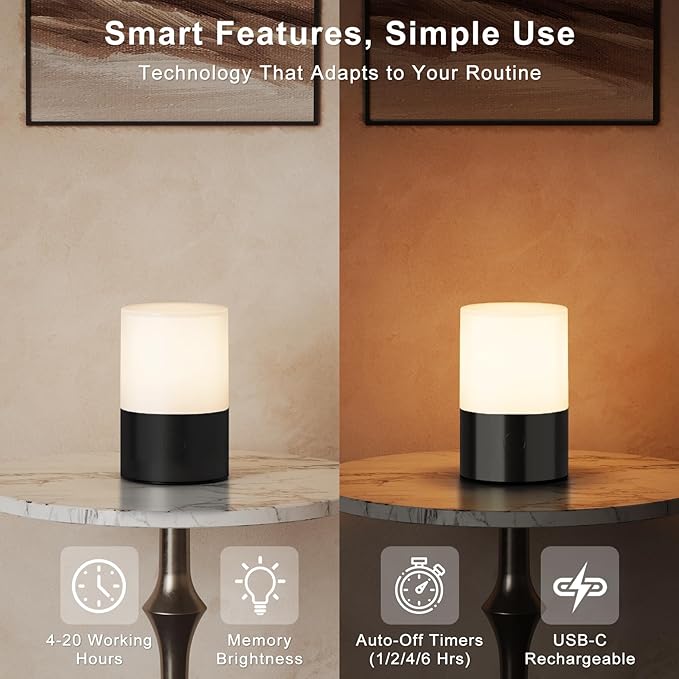 Small Table Lamp - Rechargeable, Portable, Up to 20-Hour Battery Life, 10 Brightness Levels, Auto-Off Timer, Waterproof, Warm Light for Bedside, Travel, Camping & Décor-Matte Black