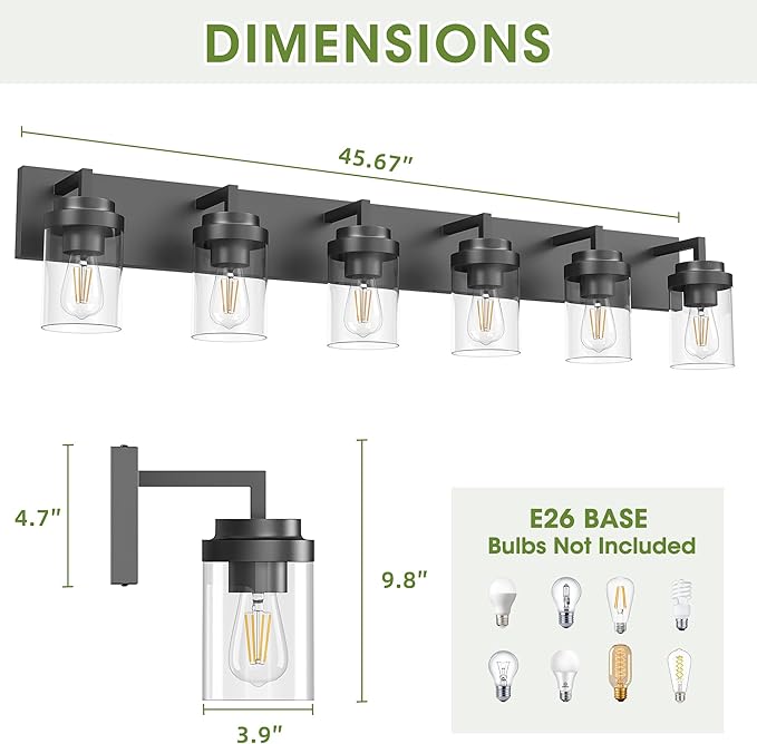 Espird Bathroom Vanity Light, 6 Light Bathroom Light Fixtures Over Mirror, Black Vanity Lights with Clear Glass Shade, Modern Bathroom Light Fixtures for Bedroom, Hallway