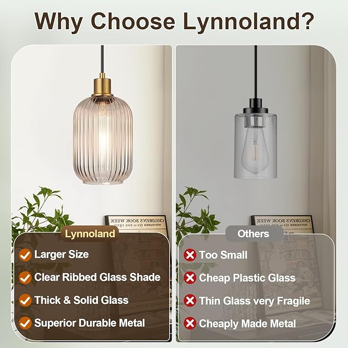 2 Pack Clear Cylinder Pendant Lights Kitchen Island with Ribbed Lampshade, Brushed Gold Hanging Light Fixture, Adjustable Pendant Lighting for Kitchen Island Sink Dining Room (Bulbs Not Included)