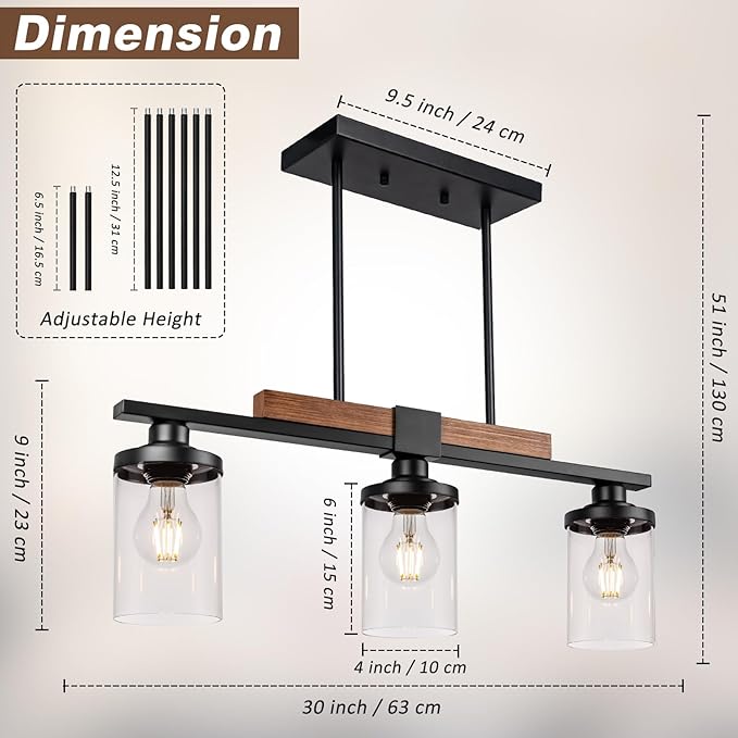 VenzBlomia Black Kitchen Island Lighting Fixture, 3-Light Farmhouse Dining Room Chandelier Over Table, Large Pendant Light Ceiling Hanging, Modern Dining Table Light with Adjustable Height