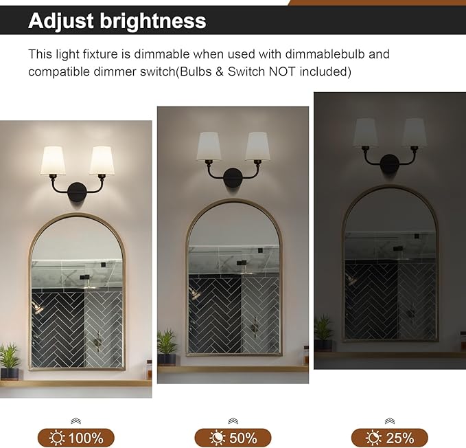 Bathroom Vanity Light, Matte Black Bathroom Light Fixtures, 2-Light Lighting Fixtures Over Mirror, Modern Wall Sconce with Flared White Fabric Shade, E26 Socket(ETL Listed)