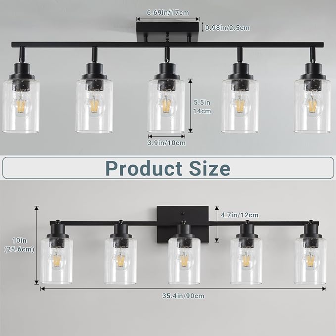 LOUSACE Flexible Track Lighting Kit, Black 5-Light Flush Mount Ceiling Spotlights with Seeded Glass, Bathroom Vanity Lighting Modern Ceiling Track Light Fixtures for Kitchen Dinning Room