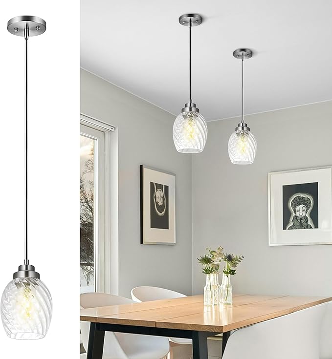 Glass Pendant Lights Kitchen Island,Twisted Clear Glass Treatment Pendant Light,Modern Hanging Light for Kitchen Sink Dining Room Bedroom, E26 (Brushed Nickel, 2pack)