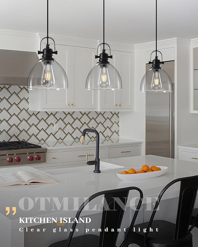 Kitchen Pendant Lighting Over Island 3 Pack, 7.5” Black Pendant Lights Kitchen Island, Farmhouse Glass Pendant Lights Kitchen Island, Industrial Pendant Light for Kitchen, Bedroom, Bathroom