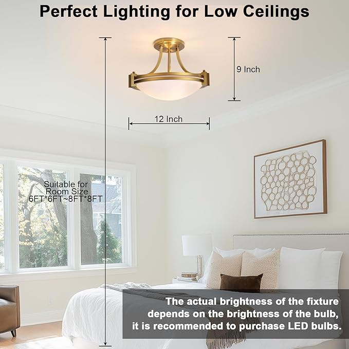 Bektas Semi Flush Mount Ceiling Light Fixture 12inch Brushed Gold Light Fixture with Milk Glass for Bedroom Kitchen Bathroom Hallway Foyer Dinning Room Hall Entryway