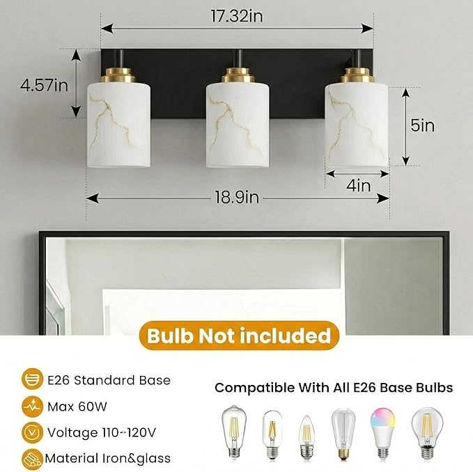 3-Light Bathroom Light Fixture, Black and Gold Modern Vanity Light with White Marble Glass Shade, for Bathroom Mirror, Living Room, Bedroom, Hallway, E26 Base, Extended Base