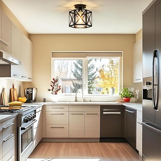 Modern Farmhouse Semi Flush Mount Ceiling Light,Industrial Black Ceiling Lighting Fixture,Hexagonal Close to Ceiling Lights for Kitchen, Hallway, Entryway, Bedroom,Foyer,Laundry Room,9.5 Inch