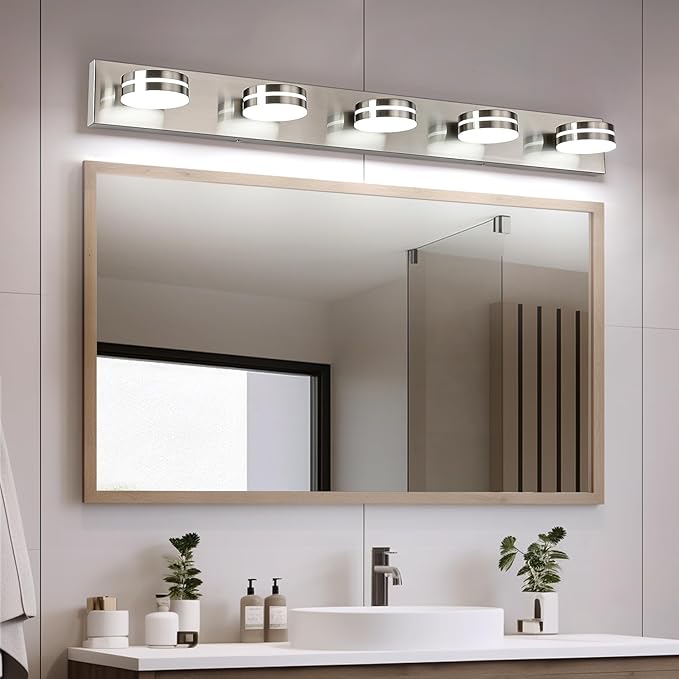 Brushed Nickel Bathroom Light Fixtures Over Mirror, 5-Light Bathroom Vanity Light, LED Dimmable Bath Lights, Modern Wall Mounted Lighting Fixture with Rotating Lamp Head