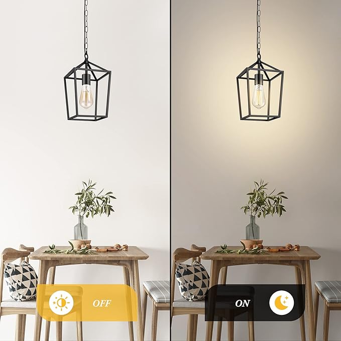 Farmhouse Black Pendant Light for Kitchen Island Industrial Hanging Lantern Fixture Modern Metal Cage Lamp Chandelier Lighting for Dinning Room Hallway, 49in Adjustable Chain for Flat & Sloped Ceiling