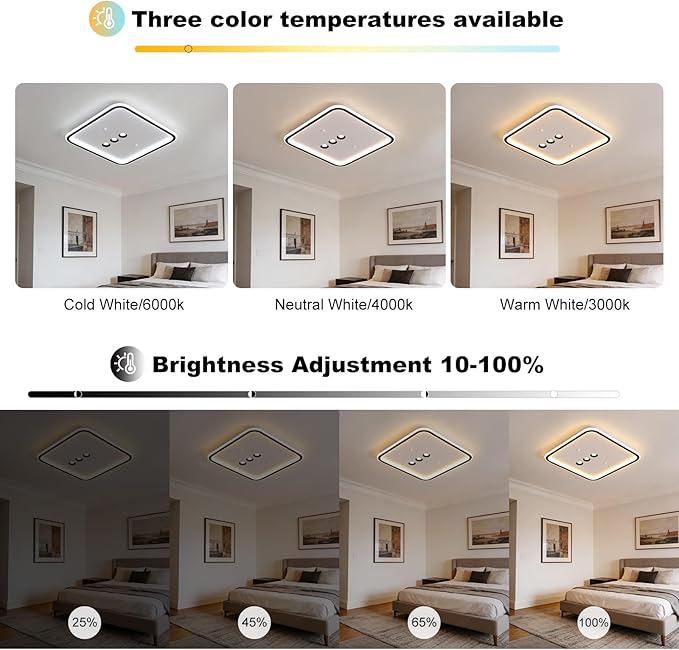 Square Diamond LED Ceiling Light with 3 Adjustable Spotlights, Dimmable Flush Mount Lighting Fixture, Black & White for Bedroom Living Room Kitchen Hallway