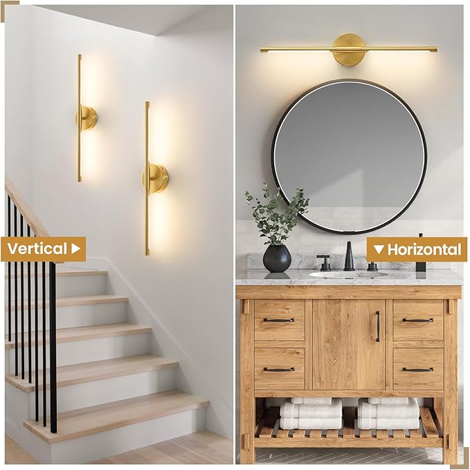 Lightania Wall Sconces Set of Two, 24'' Modern Gold LED Wall Lights, 360° Rotatable, 2700K-5000K Adjustable, Hardwired 3CCT Dimmable Wall Sconce Light Fixture for Living Room Bedroom Hallway, ETL