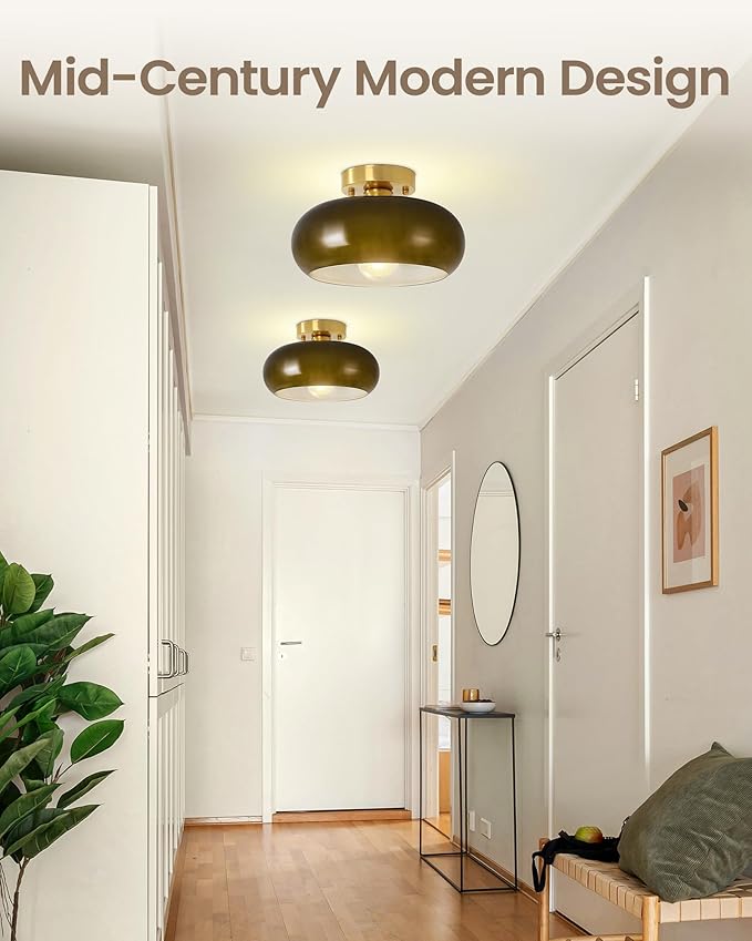 Yunnix Semi Flush Mount Ceiling Light, Gold Light Fixture, Mid-Century Modern Farmhouse Green Glass Small Light Fixtures for Hallway, Bathroom, Kitchen, Bedroom, Living Room, Closet, Laundry(11 Inch)