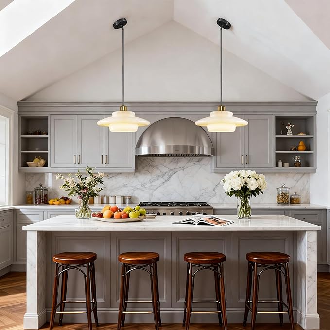Pendant Lights Kitchen Island: Mid-Century Modern Hanging Light Fixture Entryway - Glass Pendant Lamp Dining Room (Black Rod)