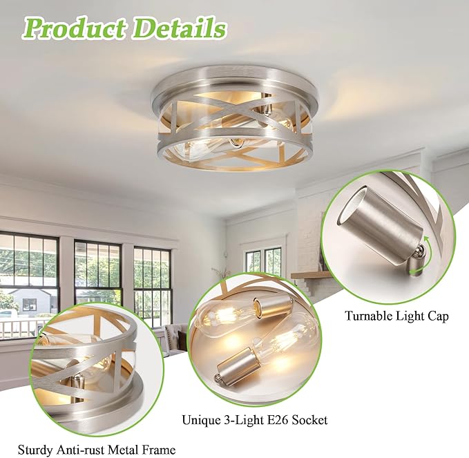 2-Light Flush Mount Ceiling Light Fixture, Farmhouse Ceiling Lights for Kitchen, Modern Black Close to Ceiling Light for Hallway Bedroom Balcony Porch Stairway, E26 (Silver, 1 Pack)