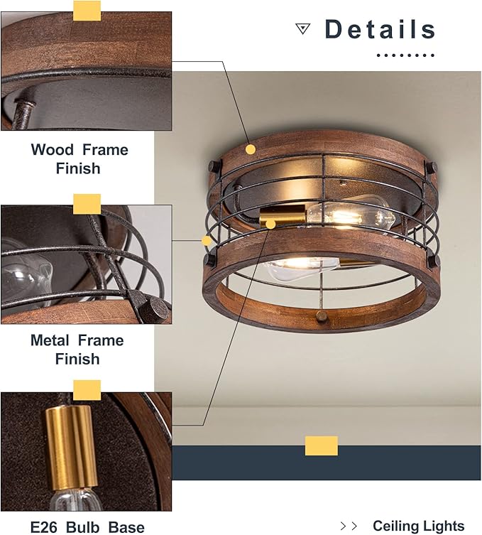Farmhouse Flush Mount Ceiling Light, 12.6 Inch 2-Light Metal and Wood Close to Ceiling Light Fixture, Rustic Drum Semi Ceiling Light for Kitchen, Dining Room, Living Room, Hallway, Entryway