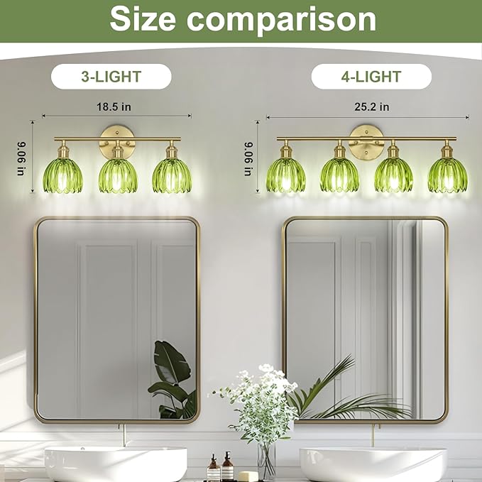 Vintage Bathroom Light Fixtures,4-Light Hardwired Vanity Lights with Green Tulip Glass Shade,Gold Bathroom Vanity Light for Mirror Restroom,E26 Socket,25.2 in(Bulbs Not Included)