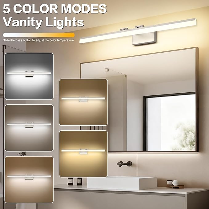 SOLFART 39.4 Inch 5 Color Temperature Dimmable Brushed Nickel Bathroom Light Fixture Vanity Light Over Mirror Modern Bathroom Lights Over Mirror 5CCT
