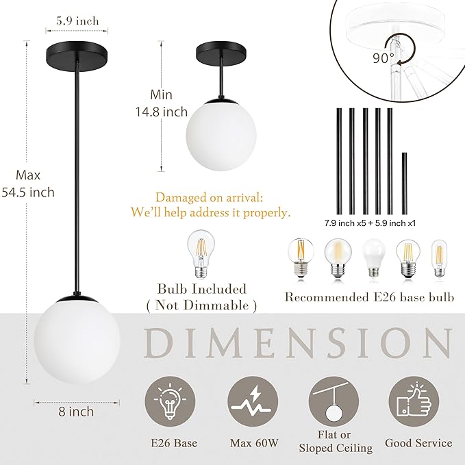 Bagood 8" Globe Pendant Light Black Mid Century Modern Light Fixture Milk Glass Pendant Light Globe Pendant Lights Kitchen Island Matte Black Finished with Milk Glass Lampshade for Dining Room