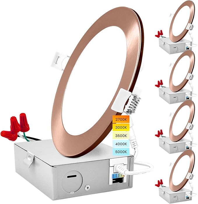 LUXRITE 6 Inch Ultra Thin LED Recessed Light with J-Box, 12W, 5 Color Options 2700K | 3000K | 3500K | 4000K | 5000K, Dimmable Wafer Light, 1000 Lumens, Copper Trim, Energy Star, IC Rated (4 Pack)