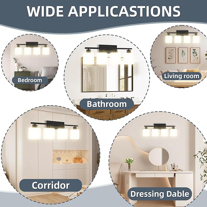 CANMEIJIA 4-Light Bathroom Vanity Light Fixtures, Matte Black Vanity Wall Scones Lighting for Bedroom Living Room, Modern Vanity Lights with Milky White Glass Shades, E26 Socket, Bulbs Not Included