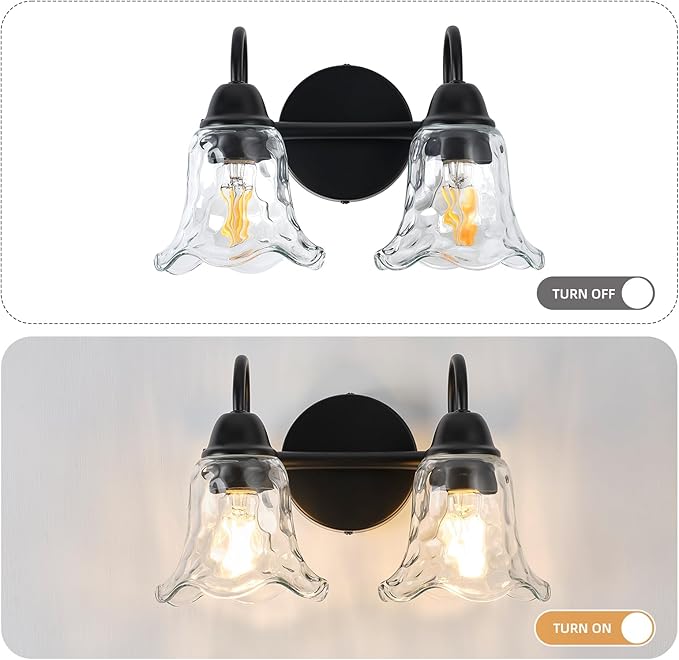 Bathroom Light Fixtures over Mirror, 2 Lights Vintage Wall Sconces with Hammered Glass Shade, 12.6" Matte Black Farmhouse Bathroom Wall Light Fixtures for Bedroom, Porch, Hotel, Mirror Cabinet