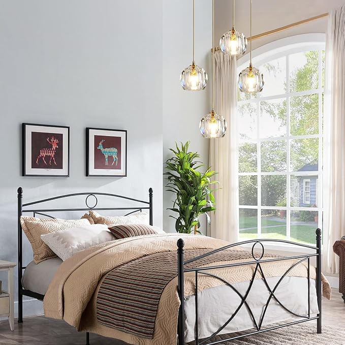 Gold Crystal Pendant Light Mid Century Modern 4-Lights Cluster Pendant Lighting Anti Brass Adjustable Hanging Ceiling Light Vintage Round Kitchen Island Chandelier Light Fixture