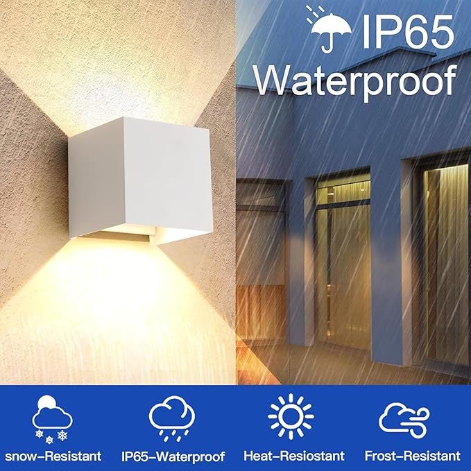 2 Pack LED Outdoor Wall Lights Exterior/Interior 3 Colors Adjustable 15W Wall Light Fixture IP65 Waterproof Porch Exterior Wall Sconce Modern Outdoor Lighting Square Aluminum White Up and Down Lights