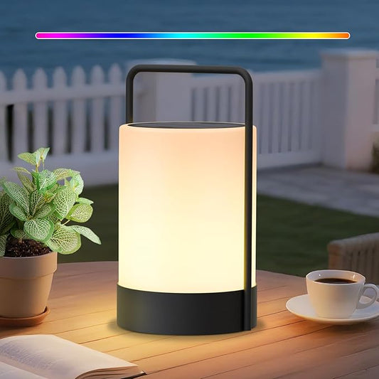 uuffoo Solar Lantern LED Outdoor Waterproof Table Lamp Cordless Metal Frame IP44 Weather Resistant RGB and Warm White 7-15H Battery Life for Indoor Outdoor Patio Camping Restaurant Terrace By the Pool
